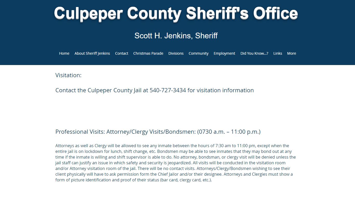 Visiting an Inmate | culpepersheriff