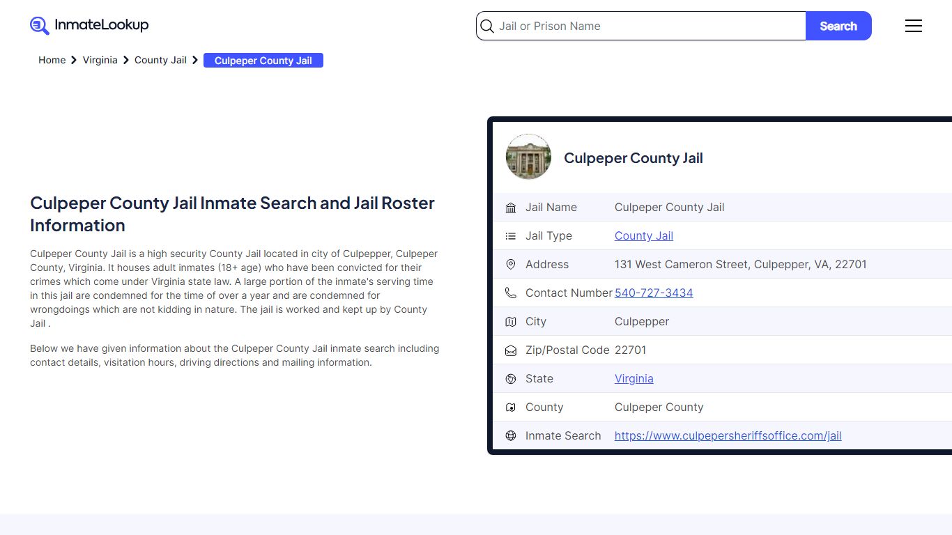 Culpeper County Jail (VA) Inmate Search Virginia - Inmate Lookup