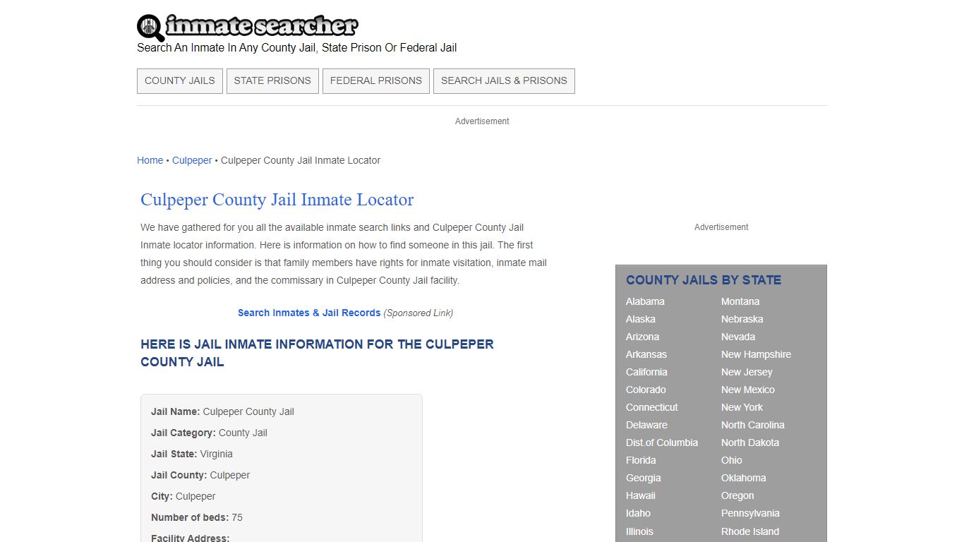 Culpeper County Jail Inmate Locator - Inmate Searcher